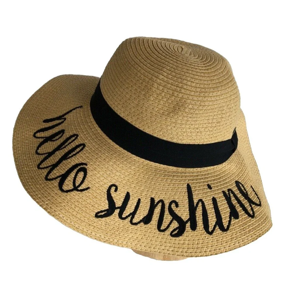 NEW Sun Hat CC Creations Beach Straw Embroidered 